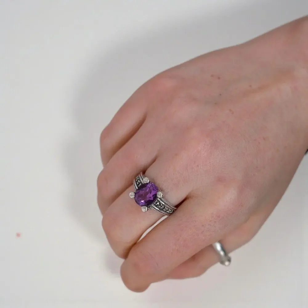 Judith Jack JJ 925 Sterling Silver Amethyst Marcasite Art Deco Ring Size 6.75